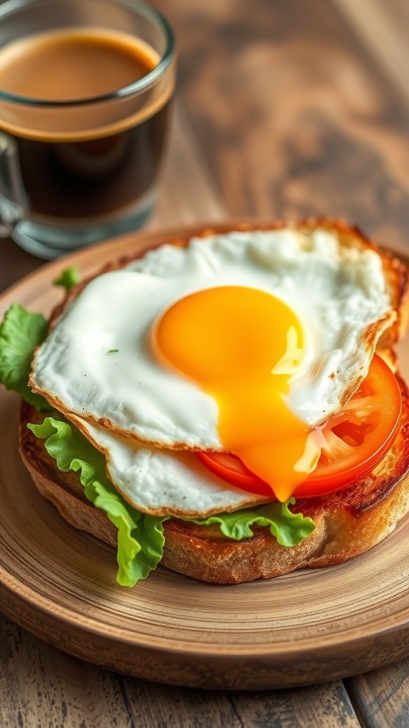 Simple Egg and Bread Sandwich Recipe A simple egg sandwich with toasted bread, lettuce, and tomato on a wooden plate with coffee.